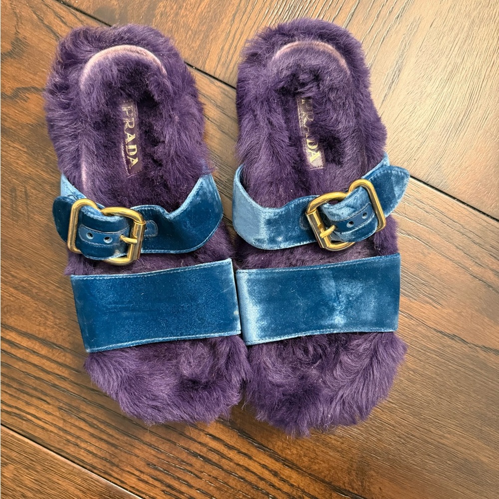 Prada Blue Velvet and Purple Fur Slides